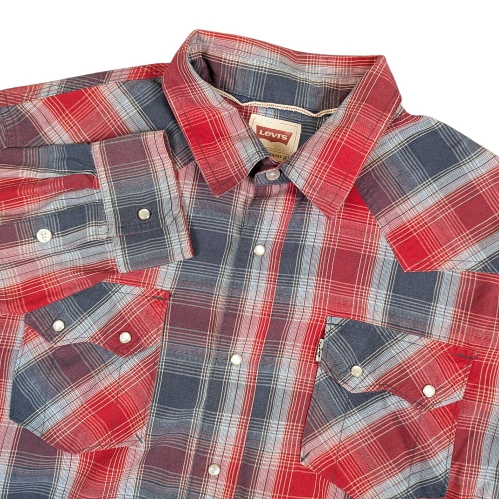 Levis Modern Mens Western Pearl Snap Shirt Red Blue Plaid Long Sleeve Large L